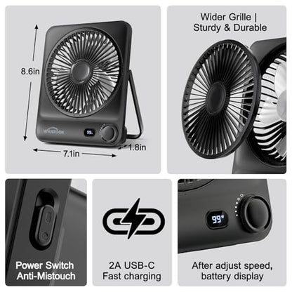 WHATOOK Large Travel Desk Fan: 10000mAh Battery 40 Hours Runtime Silent Rechargeable Fans, Quite Personal Portable Fan for Camping Bedroom Office Small Desktop fan (8.3 * 7.1inch Black) (Black) - color: Black