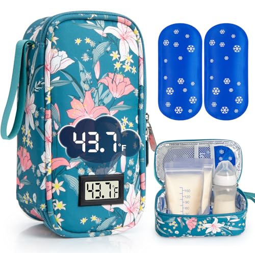 SUNMON Breast Milk Cooler Bag with Real-Time Temperature Display, Portable Travel Breastmilk Storage Case, Includes 2 Reusable Ice Packs, for Pumping Moms on The Go (Lily) - color: Lily