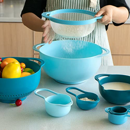 Mixing Bowls-Plastic Nesting Mixing Bowl Set of 8, Kitchen Gadgets for Apartments Space Saving, Including Measuring Cups Sifter Colander, Easy Storage Cooking Baking, Rv Camper Accessories, No BPA - color: Blue Cyan