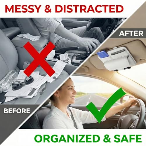 HOLDCY Car Visor Organizer – Sun Visor Storage Pouch Holder for Vehicle Truck SUV, PU Leather Auto Interior Accessories for Registration Document, Gas Card & Sunglasses, Universal Fit (White) | Keeps Registration, Cards & Sunglasses Neatly Within Reach -