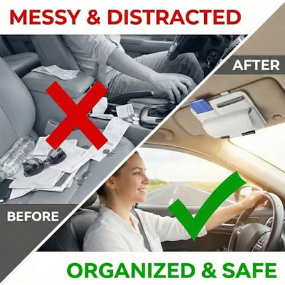 HOLDCY Car Visor Organizer – Sun Visor Storage Pouch Holder for Vehicle Truck SUV, PU Leather Auto Interior Accessories for Registration Document, Gas Card & Sunglasses, Universal Fit (White) | Keeps Registration, Cards & Sunglasses Neatly Within Reach -