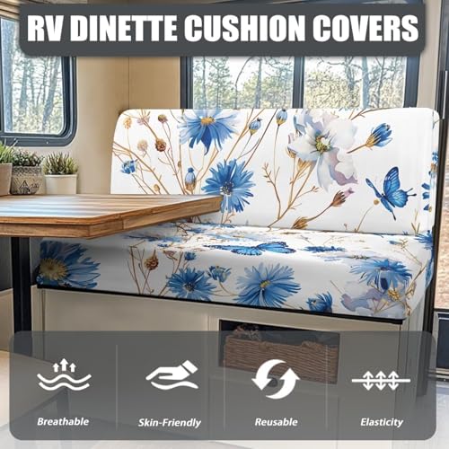 RV Dinette Cushion Covers Blue Butterfly Flowers Stretch Sofa Slipcover Non Slip Camper Furniture Protector Replacement Car Bench Cover - color: Blue Butterfly Flowers