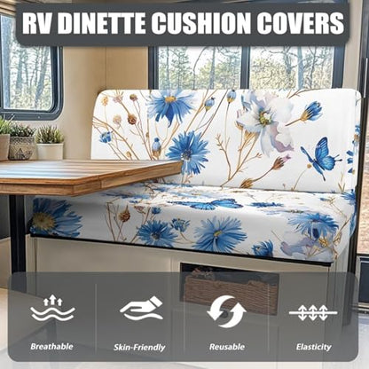 RV Dinette Cushion Covers Blue Butterfly Flowers Stretch Sofa Slipcover Non Slip Camper Furniture Protector Replacement Car Bench Cover - color: Blue Butterfly Flowers