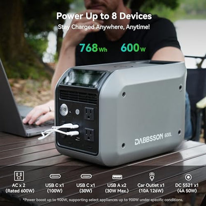 Dabbsson 768Wh Portable Power Station,Solar Generator,Up to 900W AC Output,1.5X Extended Runtime,Recharge 100% in 1.6 Hrs, 600L Semi-Solid LiFePO4,EPS,100W USB-C,for Camping RV Home - style: 600L