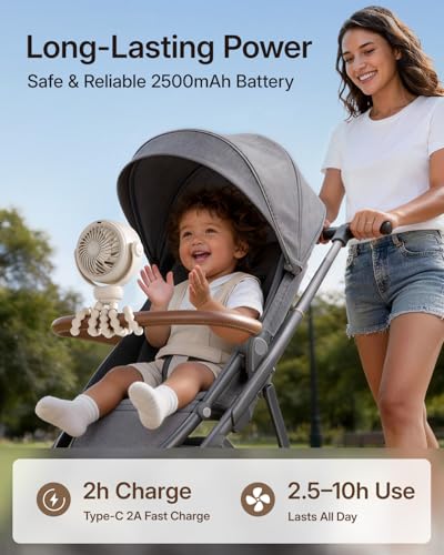 SWEETFULL Portable Stroller Fan, Pinch-Proof Baby Fan, 5-Speed Quiet Mini Clip on Fan, USB-C Rechargeable Battery, LED Display for Car Seat, Crib & Travel - Cream - color: Cream