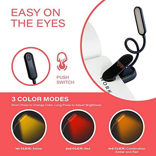 hooga Amber Book Light – Blue Light Blocking Reading Light for Bed, Stepless Dimming, Rechargeable Clip-On Night Light, 1600K Amber & 625nm Red LED for Night Reading - color: Dual Red & Amber