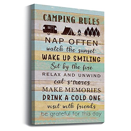 Camping Rules Wood Grain Pattern Wall Art Prints Artwork Decor for Camper Themed Canvas Wall Art Prints, RV Outdoor Living Room Home Decorations,11"x14"