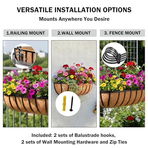36“ Window Box Railing Planter with Coco Liner Metal Wall-Mounted Coconut Liner Planter Basket English Horse Trough Planters for Outdoor Deck Balcony Porch Fence Patio Black (2 Pack) - size: 36 Inch