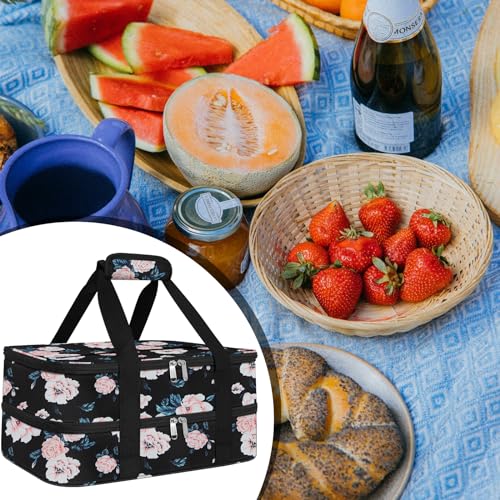 esouler Double Insulated Casserole Carrier Bag Hot & Cold Food Carrier Bag Lasagna Holder Lunch Bag for Picnics, Parties, Travel, Fits 9 x 13 Inches Casserole Dish-Flower - color: Flower, size: 16x10x7.2 in