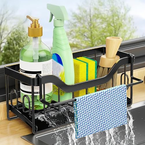 Kitchen Sink Organizer Stainless Steel Sponge Holder with Automatic Drainage Tray and Detachable Rag Rack - color: Black
