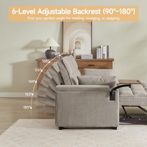 oaaktu 65'' Convertible Sleeper Sofa Bed,Extra Thick Cushion Polka dot Velvet Pull Out Futon Couch with Storage handrails & Rotating Side Tables,Convertible Sofa Couch for Living Room,RV (07S-Khaki) - color: 07s-khaki
