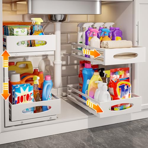 Under Sink Organizer, 2 Tier Under Sink Organizers and Storage, Adjustable Height, Slide out Metal Cabinet Organizers, Pull out Cabinet Storage Drawer Shelf for Kitchen Bathroom (White, 2 Pack) - color: White