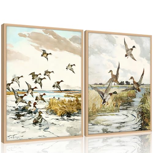 Framed Vintage Duck Wall Art Set of 2 Rustic Mallards Marsh Landscape Canvas Prints Country Cottage Wall Decor Retro water bird Nature Painting Pictures for Living Room Bathroom Cabin 12x16Inch - color: Vintage Duck 2Pcs, size: 12x16 Inches