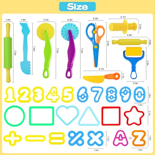 LCY WEDSHI Dough Tool Set, 56 Pcs Dough Tools Sets for Kids Ages 4-8, Dough Accessories Includes Alphabet Numbers Shapes, Cutters Roller, Rolling Pins, Safety Scissors, Plastic Knife - style: 56pcs