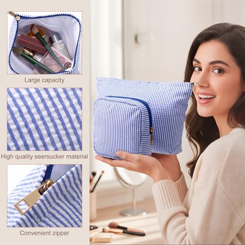 Sanwuta 4 Pcs Seersucker Pouch Cosmetic Bag Set Seersucker Makeup Bag Women Stripe Large Travel Toiletry Organizer Aesthetic Preppy Storage for Embroidery Women Bridesmaid Gifts(Dark Blue) - color: Dark Blue