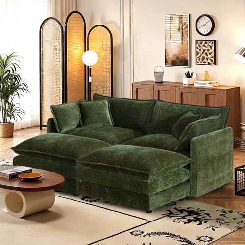 SoarFlash Chenille Sectional Sofa, Comfy Modular Coush Sofa with Ottoman, Modern 2 Seat Recliner Deep Seat Sofa Set for Living Room,Green - color: Green, size: 2 Seat+2 Ottoman