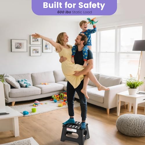 HBTower Folding Step Stool 9 Inch - Holds 600 lb, Non-Slip Surface & Carry Handle - Sturdy Step Stool for Kids, Toddlers & Adults - Compact Foldable Foot Stool for Kitchen, Bathroom, Bedroom, Outdoor - color: Black