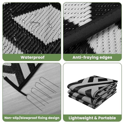 6x9 Outdoor Patio Rug with Carry Bag, Waterproof Outdoor Plastic Straw Rug RV Camping Rug, Reversible Picnic Mat Outside Carpet for Backyard, Porch, Balcony, Deck, Black & Light Grey