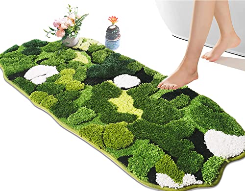 Hifuwan Cute Green Moss Bathroom Runner Rug Long Rectangular Boho Aesthetic Leaf Leaves Bath Mat Shaggy Non Slip Absorbent Shower Mat Decor - size: 1'8" x 3'7" (Rectangular)