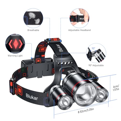 Blukar LED Rechargeable Headlamp,Super Bright Rechargeable Headlight Flashlight-3 Lights 5 Modes,Zoomable,Spotlight&Floodlight Combination,IPX6 Waterproof,20+Hrs Runtime for Running,Hiking,Camping etc
