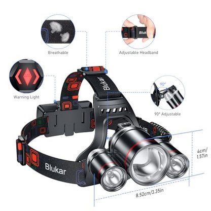 Blukar LED Rechargeable Headlamp,Super Bright Rechargeable Headlight Flashlight-3 Lights 5 Modes,Zoomable,Spotlight&Floodlight Combination,IPX6 Waterproof,20+Hrs Runtime for Running,Hiking,Camping etc