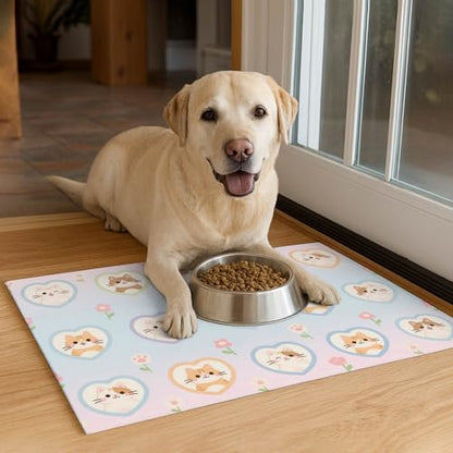 HOMETITUTE Cat Food Mat Pastel Heart Kitten Print, Non-Slip Elegant Pet Bowl Placemat for Indoor Cats, 20" x 12" - color: colorful1
