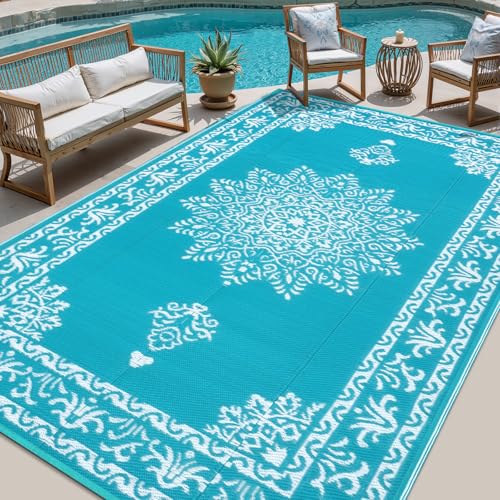 Yamaziot Outdoor Rug 8x10 Ft, Waterproof Plastic Straw Patio Rug, Reversible Backyard Carpet UV Resistant Portable RV Mat Clearance, Large Indoor Outdoor Rug for Patio, Porch, Deck, Balcony, Teal - color: Teal&white, size: 8' x 10'