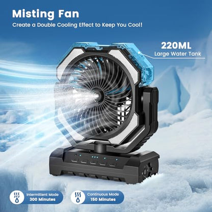 20000mAh Portable Misting Fan, USB Rechargeable Camping Fan with LED Light, Battery Operated for Outdoor, Tents, Beach, Travel - 250mL Water Tank & Hook Included, Black. - color: Black
