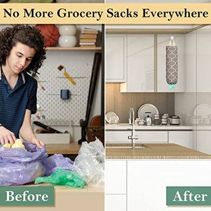 Plastic Bag Holder, Washable Grocery Bag Holder for Plastic Bags, Strong Plastic Bag Storage Dispenser with Hanging Loop, Wall Mount Trash Bag Dispenser for Home Kitchen Cabinet (Beige) - color: Beige