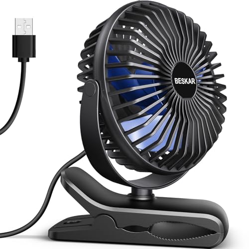 BESKAR USB Clip on Fan, Portable Small Fan with Cord Powered, 3 Speeds Strong Airflow, with Sturdy Clamp, Quiet Personal Desk Fan - color: Black