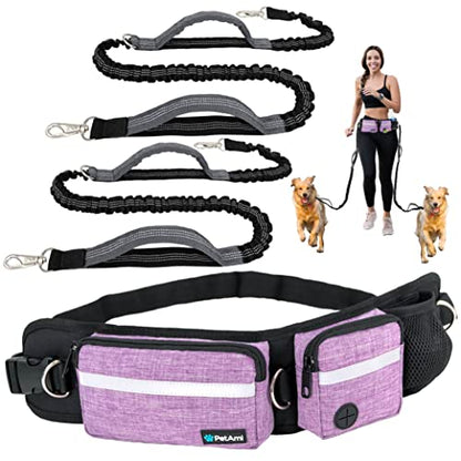 PetAmi Hands Free Dog Leash, Running Leash Belt Bag for Walking, Jogging, Waist Double Zipper Pouch with Poop Dispenser, Dual Padded Handles Reflective Bungee Double, Purple, 2 Leashes - color: Purple, size: 2 Leashes