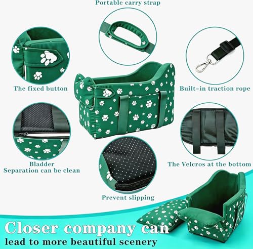 Center Console Dog Car Seat Safe Travel for Small Dogs Under 15 lbs Detachable Washable Pet Carrier with Storage Pockets & Safety Leash (Wilderness Green) - color: Wilderness Green