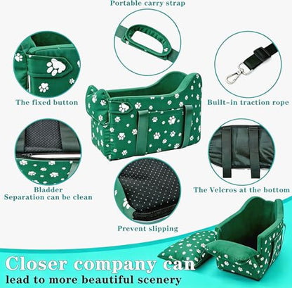 Center Console Dog Car Seat Safe Travel for Small Dogs Under 15 lbs Detachable Washable Pet Carrier with Storage Pockets & Safety Leash (Wilderness Green) - color: Wilderness Green