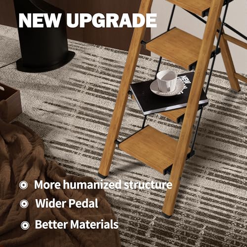 5 Step Step Ladder,Lightweight Folding Step Stool with Anti-Slip Aluminum Wide Pedal&Convenient Handgrip,Steel Ladder for Household and Office(Woodgrain) - color: Woodgrain, size: 5 Step