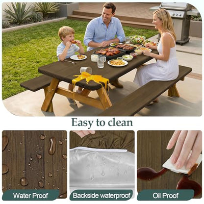 Play Tailor Picnic Table Cover with Bench Covers Camping Essentials Waterproof Windproof Camping Tablecloth with Drawstring Bag, Fitted Rectangle Tables and Seats, 72in, Dark Brown - color: Dark Brown, size: 72in