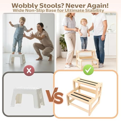 Toddler Step Stool, Step Stool for Kids, Toddler Stool for Bathroom Sink & Potty Training, Wooden Step Stools w Non Slip Base for Kitchen, Bedroom - color: Light Brown