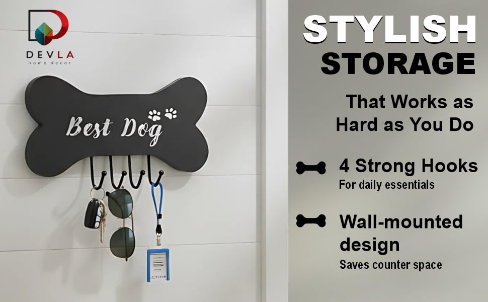 DEVLA Farmhouse Key Holder for Wall - Decorative Dog Leash Hanger and Coat Rack Wall Mount with 4 Unique Hooks - Dog Accessories Organizer for Rustic Home Decor (White)