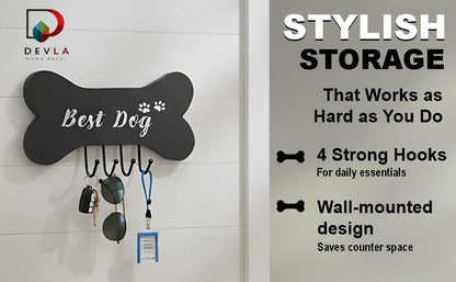 DEVLA Farmhouse Key Holder for Wall - Decorative Dog Leash Hanger and Coat Rack Wall Mount with 4 Unique Hooks - Dog Accessories Organizer for Rustic Home Decor (White)