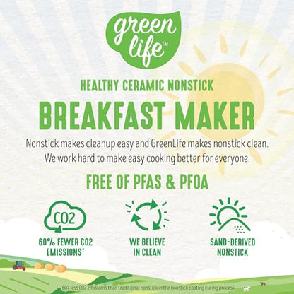 GreenLife 3-in-1 Breakfast Maker Station, Healthy Ceramic Nonstick Dual Griddles for Eggs Meat Sausage Bacon Pancakes and Breakfast Sandwiches, 2 Slice Toast Drawer, Easy-to-use Timer, White - color: White