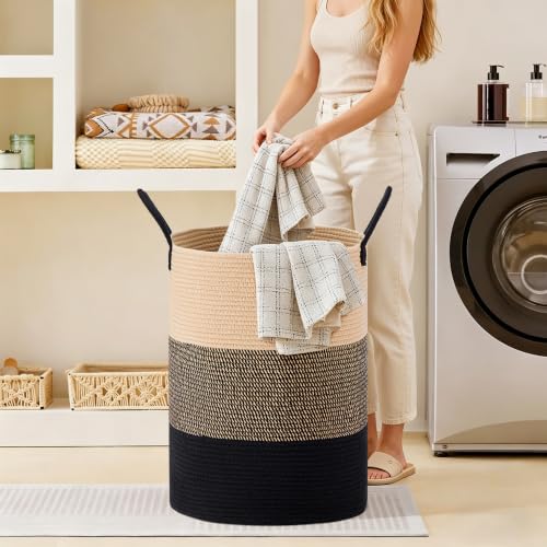 72L Large Tall Cotton Rope Laundry Basket with Handles, Brown & Black - color: Brown & Black, size: 72L