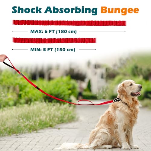 PetBonus Heavy Duty Tactical Dog Leash, 5 FT Bungee Shock Absorption Leash with 2 Padded Handles, Quick Release Metal Clip, Car Seatbelt, No Pull Training Lead for Large Medium Dogs（Red） - color: Red