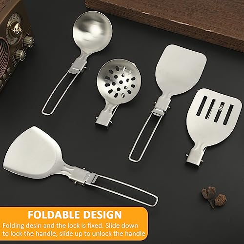 Camping Kitchen Utensil Set, 5Pcs Portable Foldable Stainless Steel Outdoor Cooking Utensil, Practical Folding Soup Ladles Strainer Spatula Kitchen Gear for Outdoor Camping