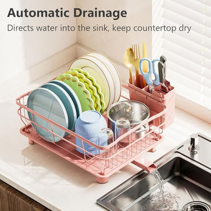 AIDERLY Auto Drain Metal Dish Drying Rack Dish Drainers, Pink | with Draining Tray, Strainer, for Kitchen Counter, Sink - color: Pink