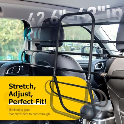 Universal Fit Dog Barrier for SUV,Sedan,Truck,Front/Back Seat,Elastic 5 Ropes&Steel Hooks Firmly Fixed,42.5"–62"Width Adjustable,Dog Car Barrier Follow the Seat Movement,Durable Matte Paint - size: Adjustable