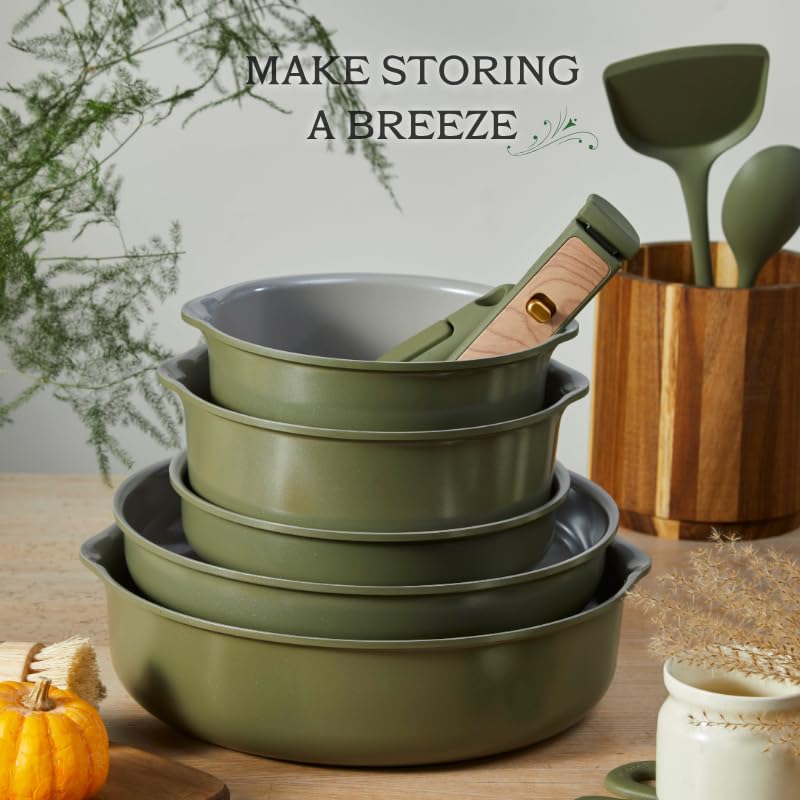 CAROTE 18 Pcs Ceramic Cookware Set Detachable Handle, Non Toxic Pots and Pans Set Non Stick, Induction Kitchen Cookware Removable Handles, Oven Safe, Stackable RV/Camping Cooking Set, Green - color: Green