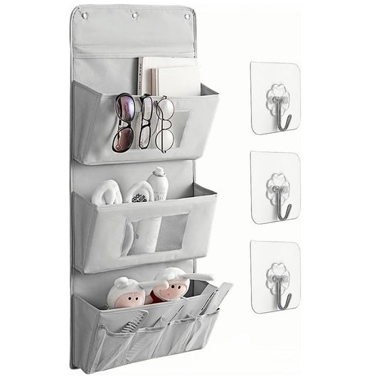 Wall Hanging Storage Caddy Bag, Wall Hanging Basket with Pockets, Oxford cloth Wall Organizer, Waterproof Hanging Storage Bag for Kitchen, Bedroom, Bathroom, Door, Office, Grey, MEI001