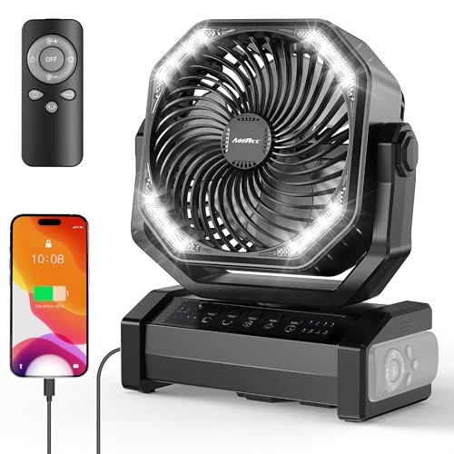 AddAcc 20000mAh Rechargeable Camping Fan - Battery Operated Fan with Light & Remote, Auto Oscillating, 4 Timer, 60 Hrs Work Cordless Tent Fan for Travel Outdoor RV Garage Power Outage Emergency - color: D12-Black