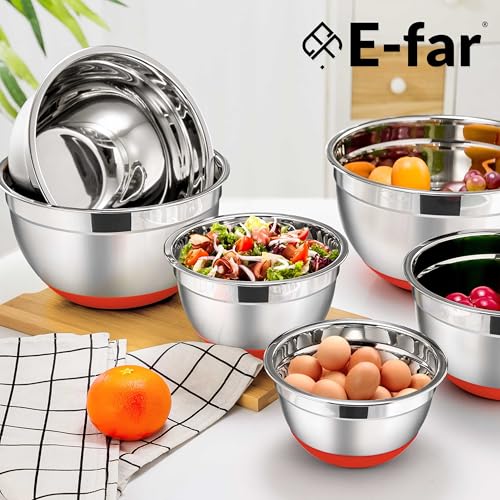 E-far Stainless Steel Mixing Bowls with Lids Set, 5-Piece Nesting Salad Bowls with 3 Grater Attachments and Non-Slip Bottoms, Size 4.6, 2.6, 2, 1.5, 1QT for Kitchen (Red) - color: Red, size: 5 Regular Sizes