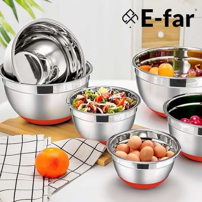 E-far Stainless Steel Mixing Bowls with Lids Set, 5-Piece Nesting Salad Bowls with 3 Grater Attachments and Non-Slip Bottoms, Size 4.6, 2.6, 2, 1.5, 1QT for Kitchen (Red) - color: Red, size: 5 Regular Sizes