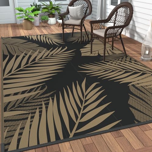 GENIMO Outdoor Rug 6' x 9' Waterproof for Patios Clearance, Reversible Outdoor Plastic Straw Camping Rug Carpet, Large Area Rugs Mats for RV, Camper, Deck, Balcony, Porch, Beach, Picnic, Black&Brown - color: Black & Brown, size: 6' x 9' (Rectangular)
